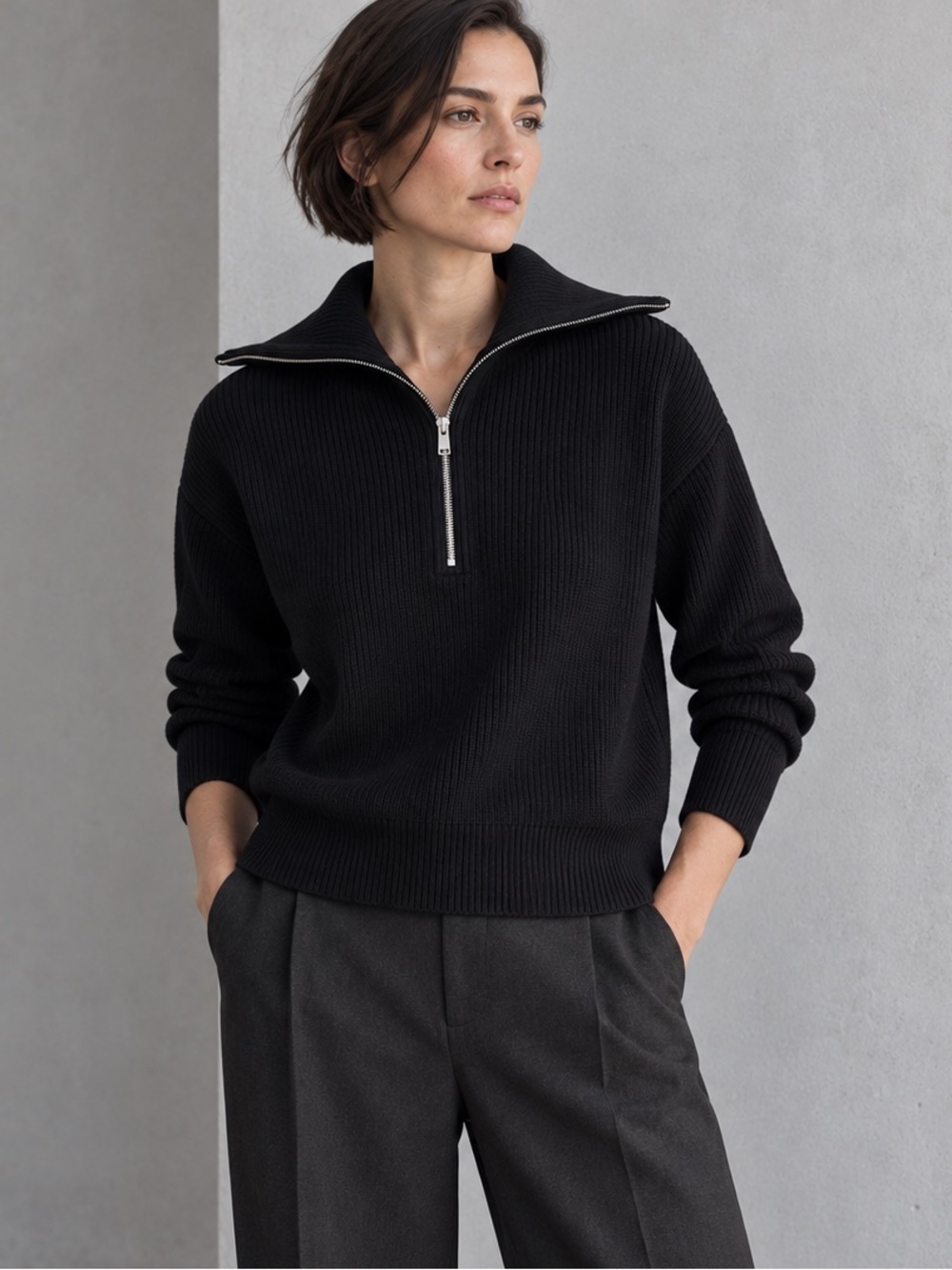 COS Tommy Black Ribbed Cotton Half Zip Funnel Neck Sweater M